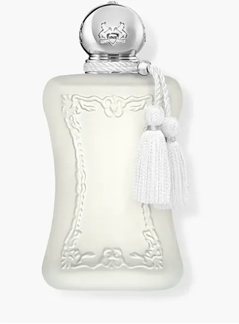 Parfums de MarlyValaya white perfume bottle with silver cap and decorative elements on a white background