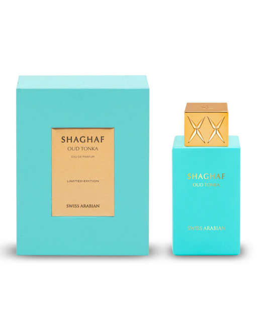 Shaghaf Old Tonka perfume bottle and packaging on a white background