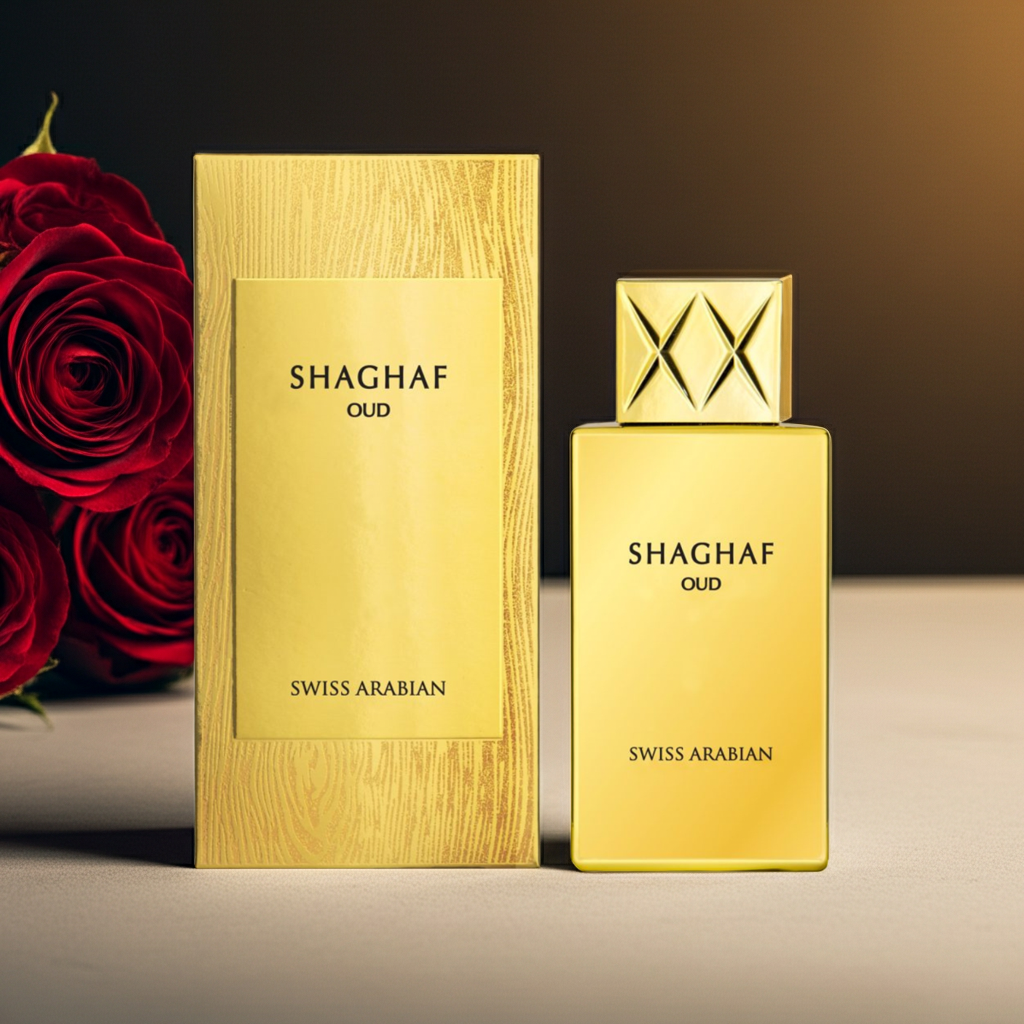 Shaghaf Oud perfume bottle and packaging with red roses on a dark background
