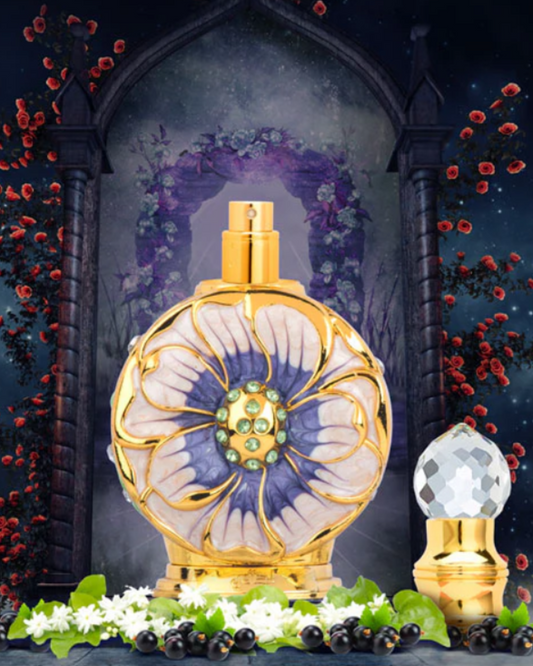 Decorative perfume bottle with floral design against a mystical background